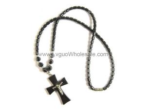 18inch Hematite Cross Pendant with Silver Jesus Stone Strands Necklace